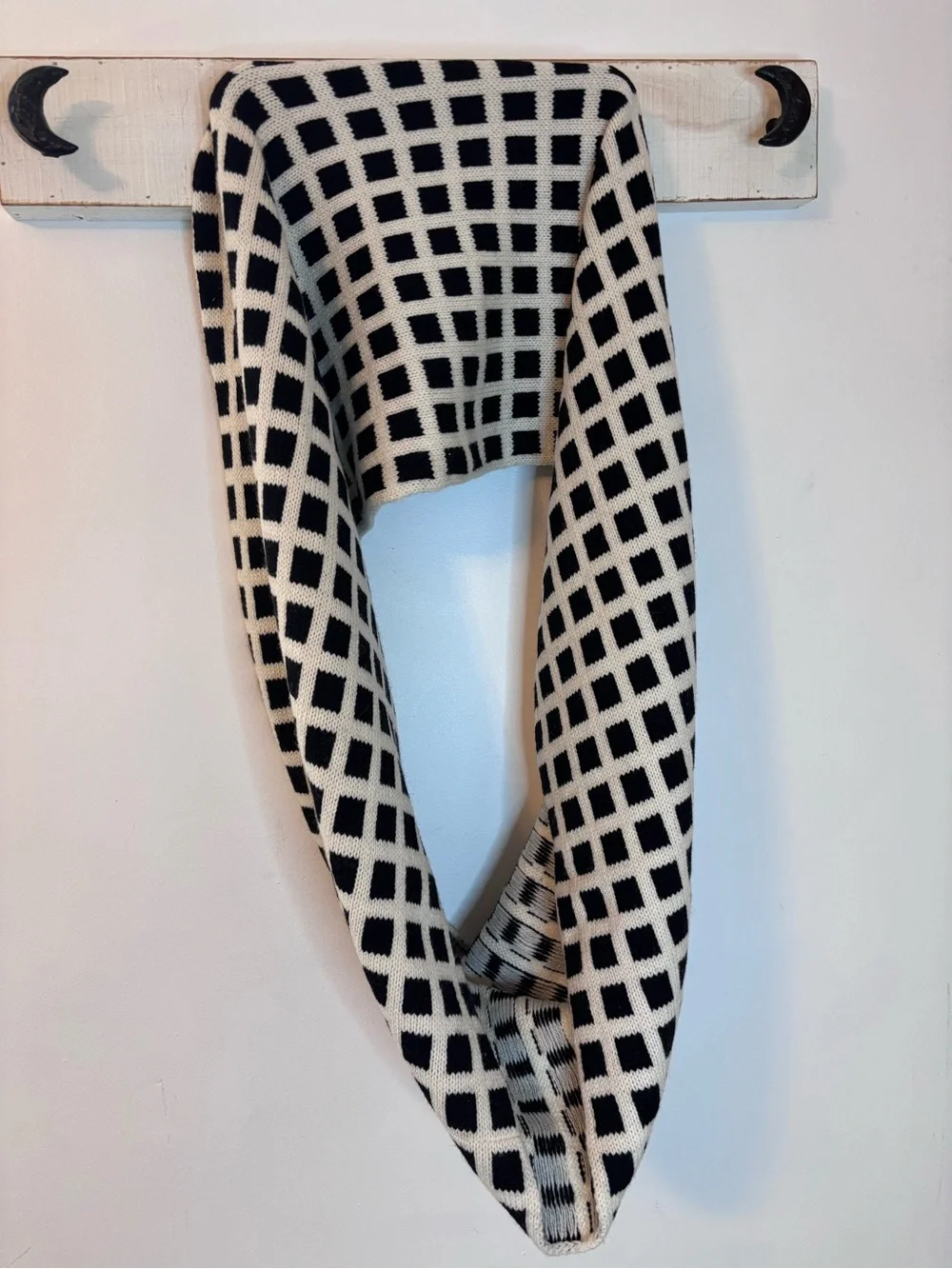 J. Crew Black and Cream Grid Knit Wool Blend Infinity Scarf